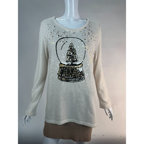 STYLE & CO Holiday Snow Globe Christmas Top Sz M Beige Cotton Blend Blemish - Picture 1 of 16
